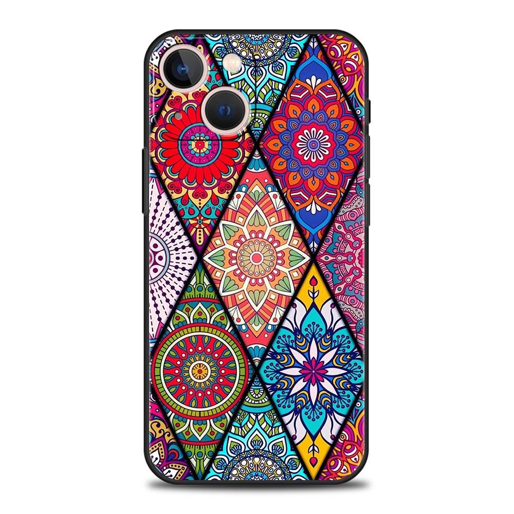 Mandala flower totem Luxury Phone Case For iPhone 13 15 14 12 11 Pro MAX XR X SE XS 7 8 Plus Silicone Black Protection Cover