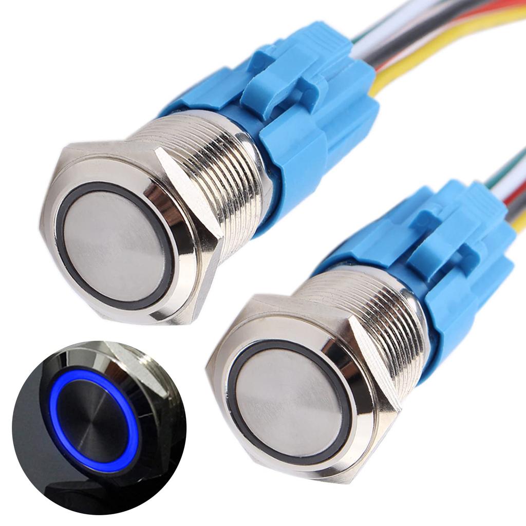 2 STÜCK 16MM Rastender Drucktaster 12V-24V 1Ö 1S Wasserdicht IP66 Selbstverriegelnd Ein/Aus Metallknopf für 5/8 Montageloch