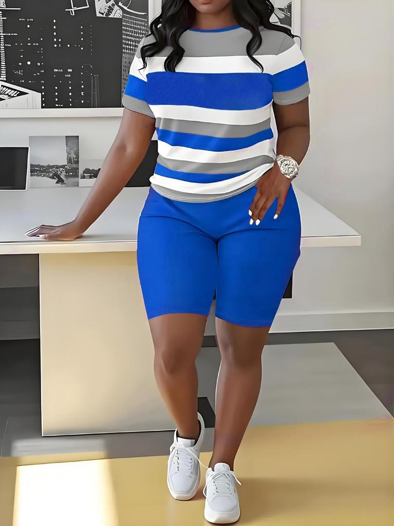 D9711 European and American Hot-selling Women's Clothing, Fashionable Personalized Striped Positioning Printing Crew Neck Short-sleeved Shorts Set