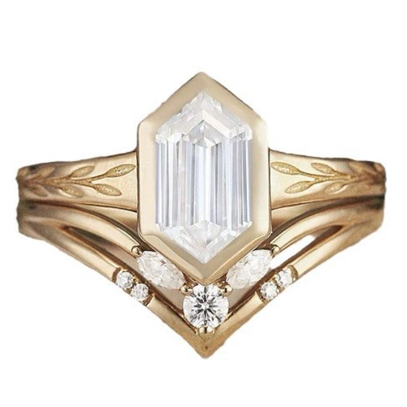 New European and American Jewelry for Women, Gold Wheat Ear Shape Pair Ring Wedding Rectangular Zircon Ring