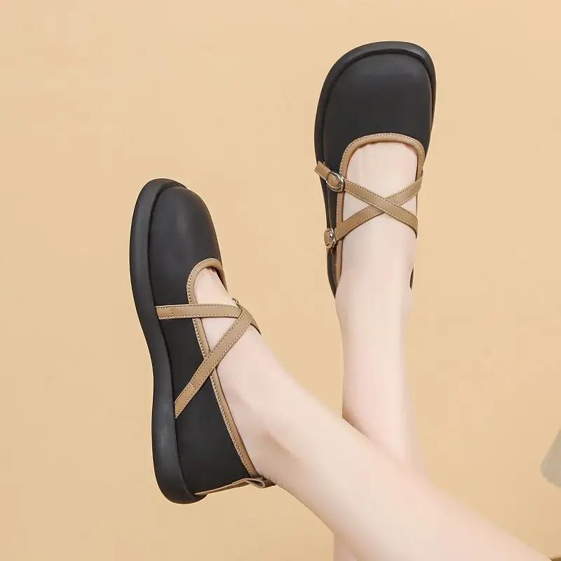 Fashion Kawaii Round Toe Woman Flats Loafers Low Heel Elegant Cute Summer 2025 with Discount Trend Casual Genuine Mark Shoes for Women