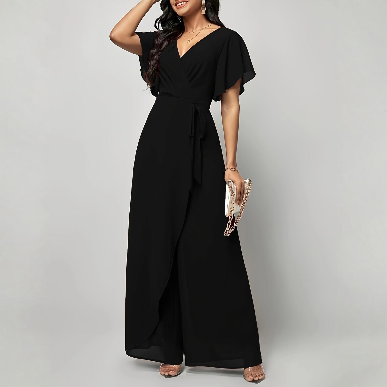 

Women s V-neck Waist Cinched Fashionable Jumpsuit Wide Leg Pants L