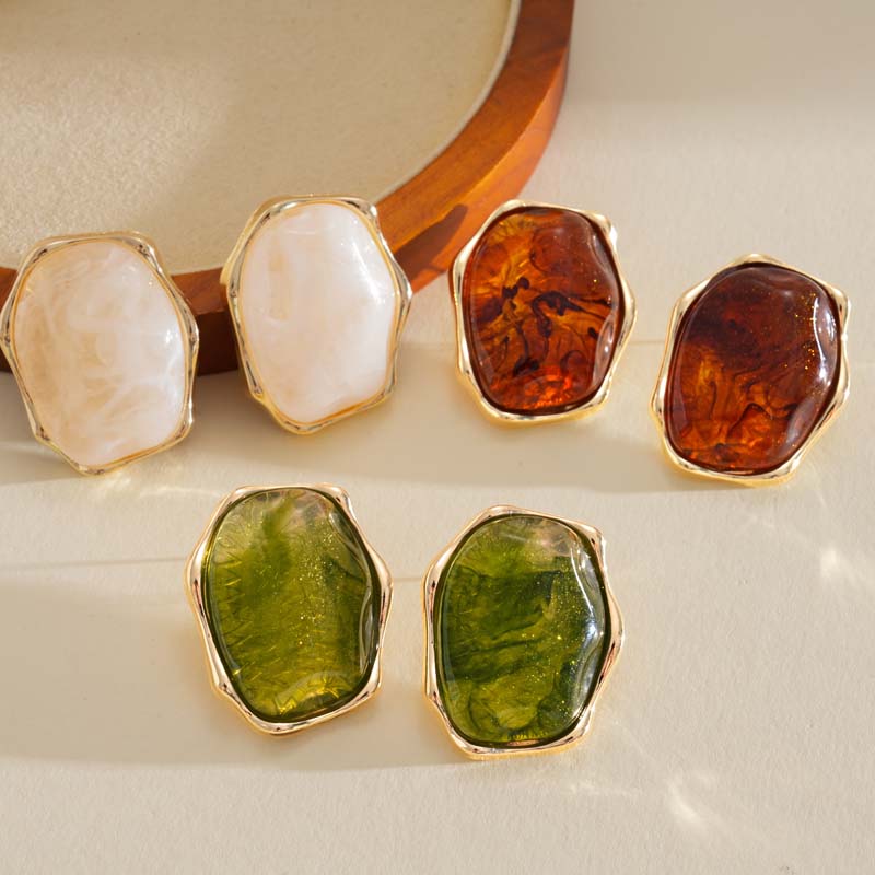 Vintage Brown Resin Elliptical Stud Earrings For Women Exaggerated Metal Geometric Earrings Wedding Ear Jewelry Accessories