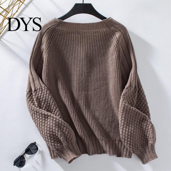 Casual Women Cardigan Sweater Coat V-Neck Lantern Long Sleeve Single Knitwear Breasted Knitted Solid Color Loose Minimalist Design