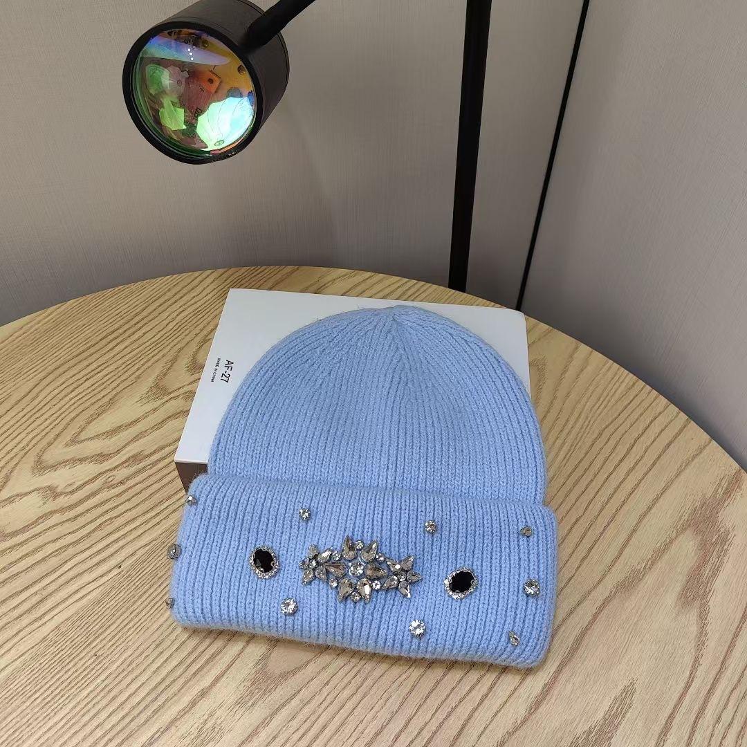 

Новая вязаная шапка из кроличьего пуха ручной работы со стразами, утолщенная, повседневная, теплая, пуловер, вязаная шапка для женщин M（56-58cm）