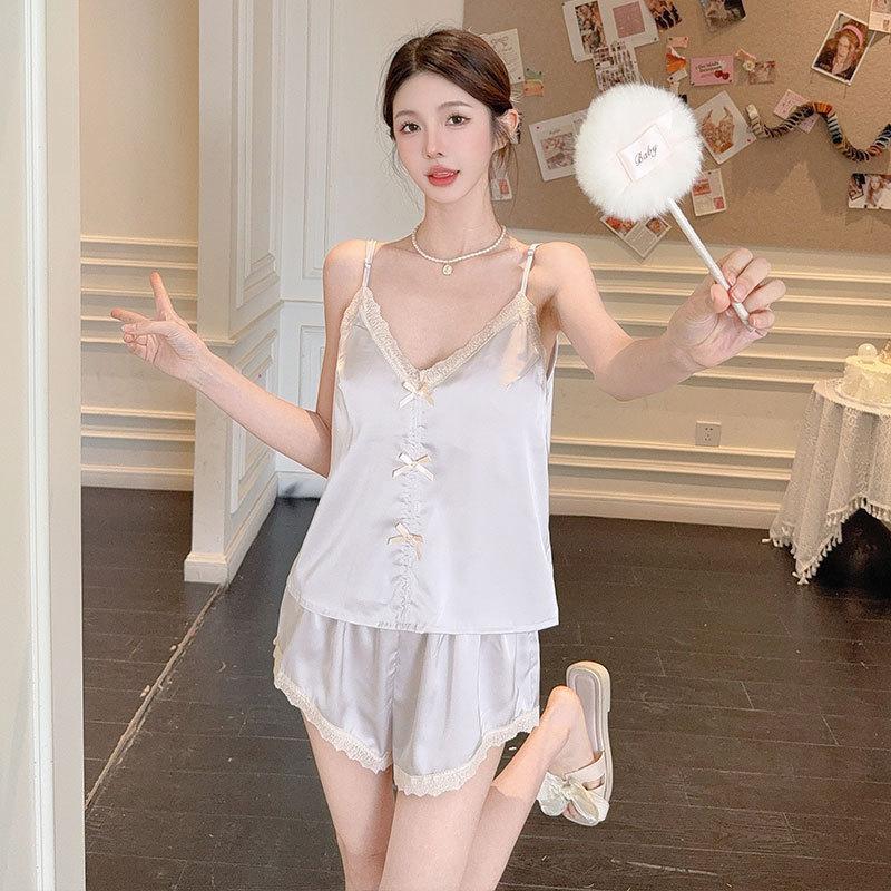 1011 New Ice Silk Pajama Set Women's Spring Summer Sexy Sweet Cute Suspender Shorts with Chest Pad Loungewear