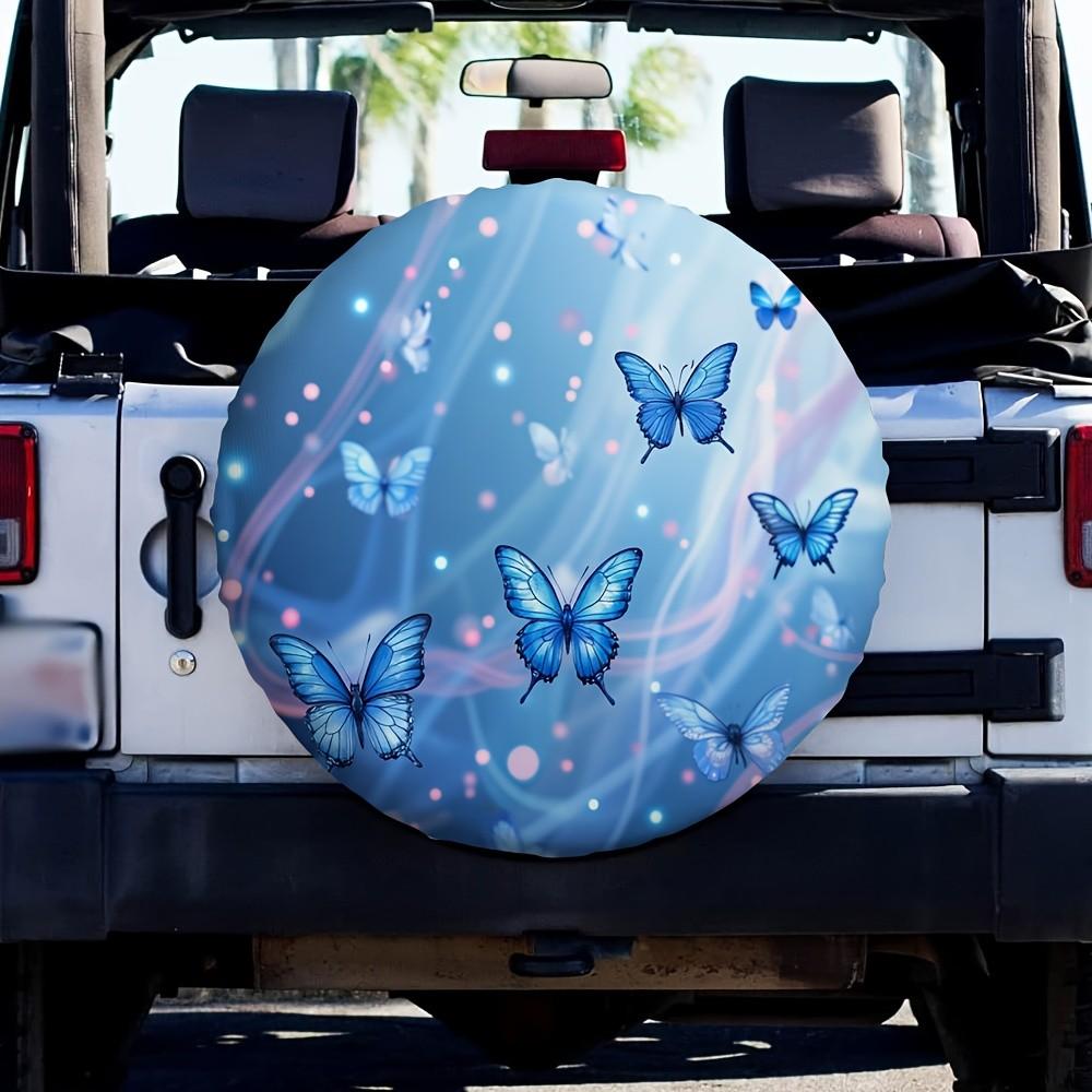 Blue Butterfly Tire Cover Polyester Spare Wheel Protector Waterproof For SUV