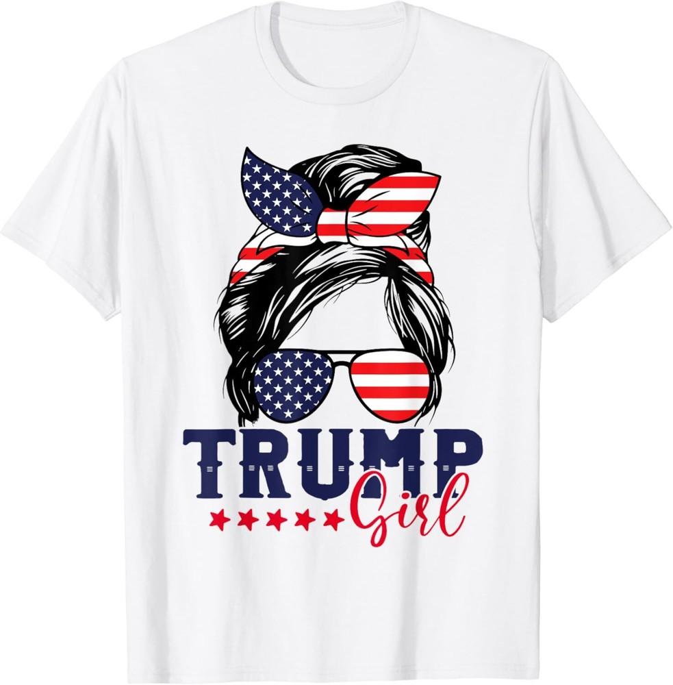 SALE Trump Girl Messy Bun Trump 2024 Election American Flag Unisex T-Shirt Unisex T-Shirt L