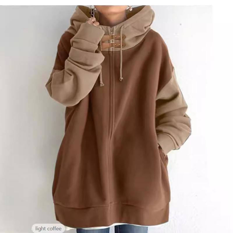 Women s Brown Beige Color Block Hoodie Full Zip Buckle Detail Oversized Long Sleeve Casual Loose Pullover Jacket S