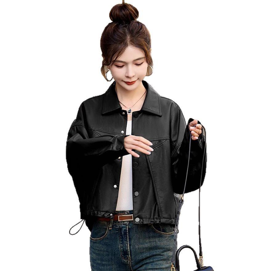 Chaqueta de cuero negra pequeña para mujer, nueva chaqueta corta de primavera y otoño, top de diseño casual de moda