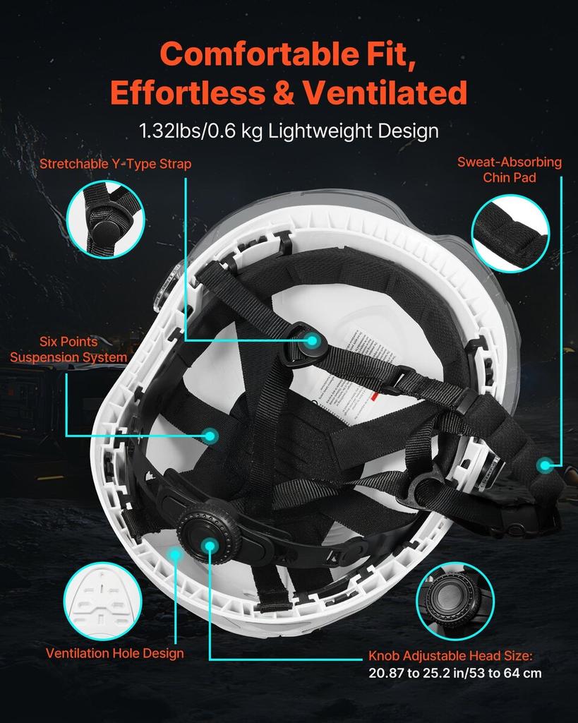 Industrial Safety Helmet, ANSI/ISEA Z89.1 Approved ABS Hard Hat with Visor & 6-Point Ratchet Suspension, Adjustable Vented Hardhat for Men & Women,