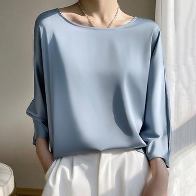 Loose Large Size 45355 Fit Flared Sleeve O-neck Blouse Solid Color Smooth Satin Thin T-shirt Streetwear