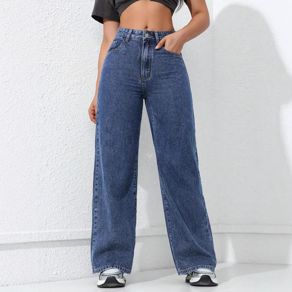 Women Loose Wide Leg Jeans Fashion Women Solid Straight Wash High Elastic Waist Denim Pants Casual Streetwear Pocket Trousers