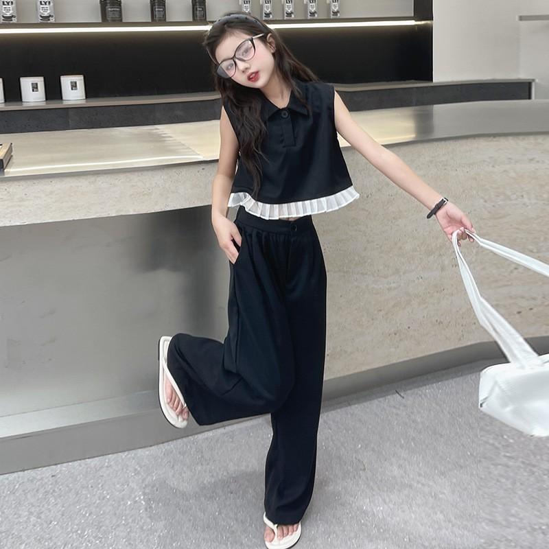Girls' Summer Set: Ruffled Polo Shirt & Wide-Leg Pants, Two-Piece Set for Older Girls