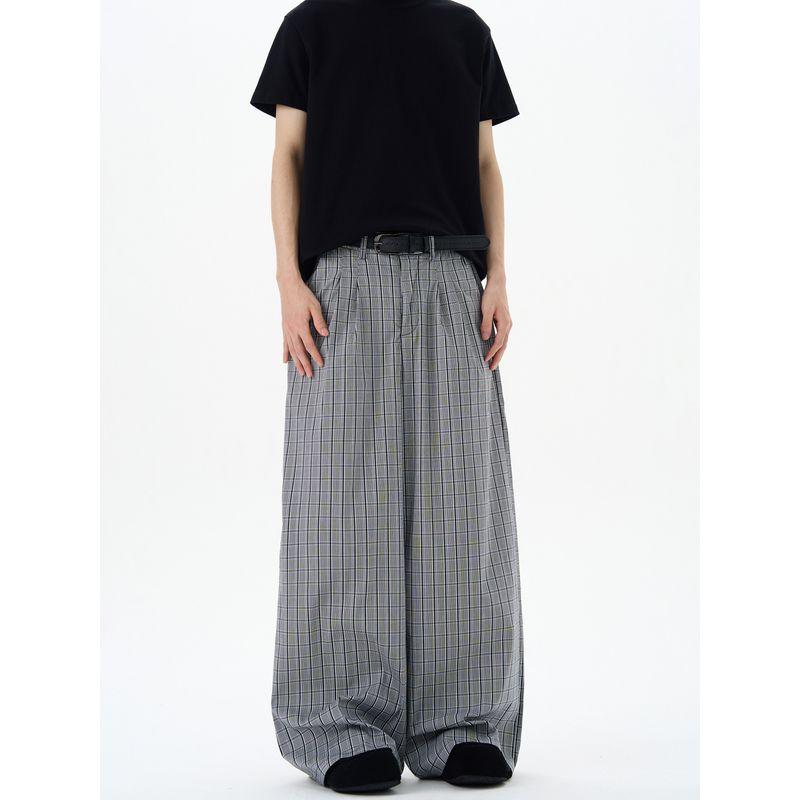 Kisko Summer Thin Pleated Plaid Wide-Leg Casual Pants for Men and Women, American-Style High-End Loose Vintage Pants