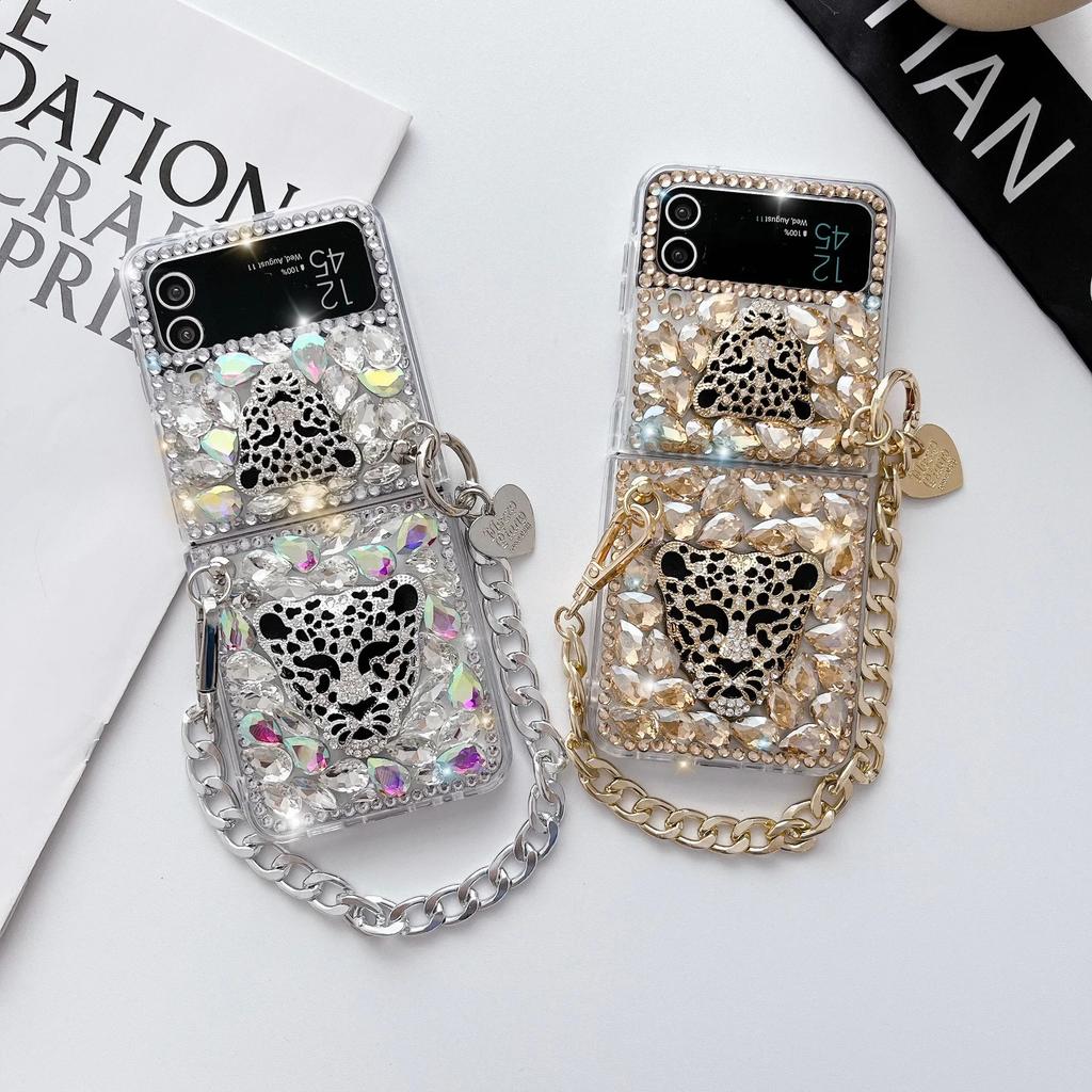 Phone Case Cover with Metal Hand Chain, Bling Diamond Leopard Head, Luxury Fashion, for Samsung Galaxy Z Flip 4 3 Z Flip 5
