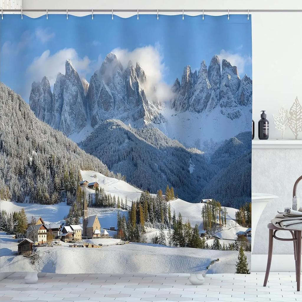 Winter Forest Shower Curtains Snow-covered Pine Alpine Peaks Idyllic Early Morning Scenery Seasonal Christmas Elk Bathroom Decor