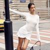 Spring Autumn Round Neck Solid Color Pleated Knot Mini Dress Women Long Sleeve Slim Robe Vestidos