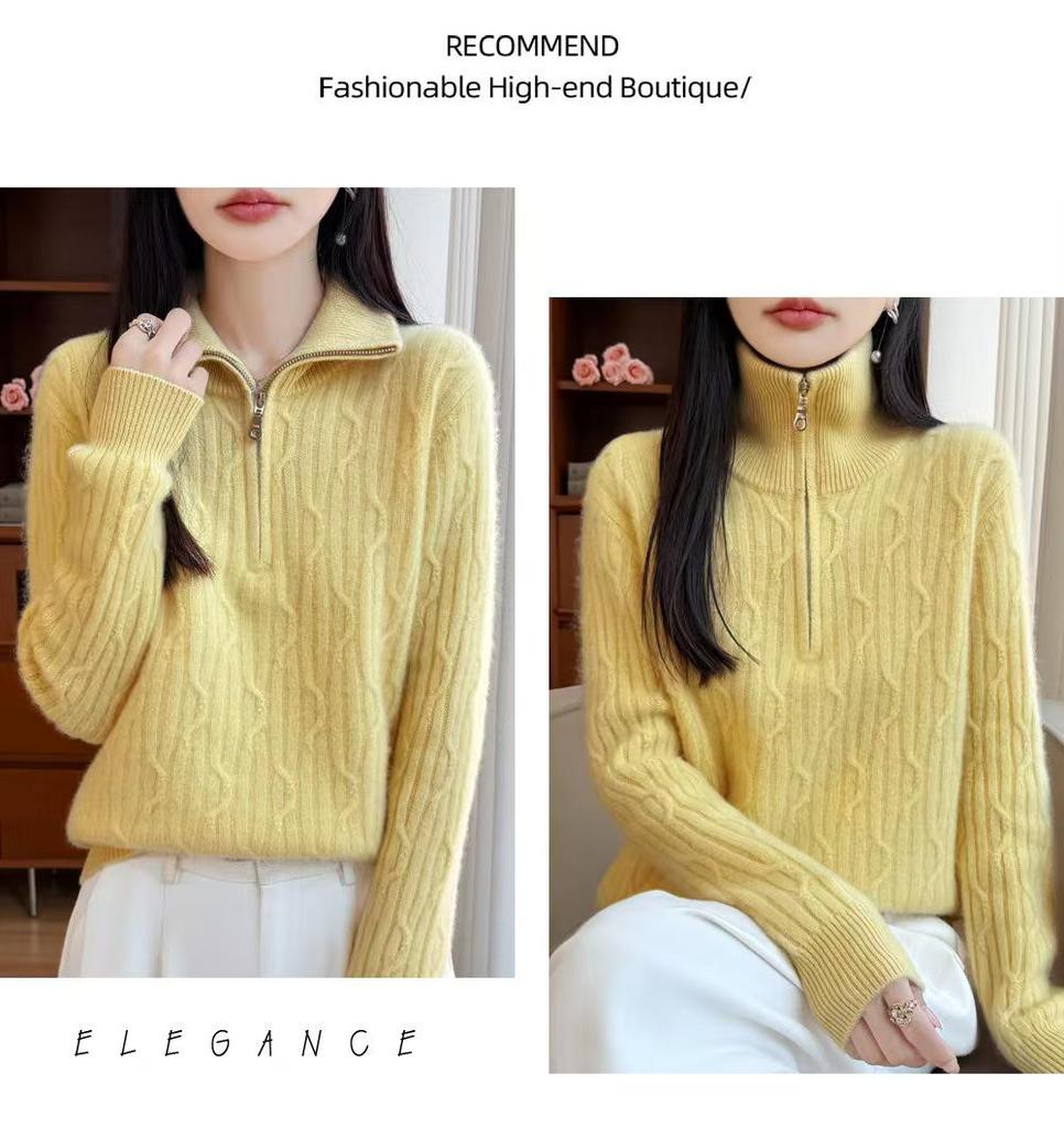 Women's Wool Half-Zip Lapel Sweater - Thick Knit Base Layer for Autumn & Winter