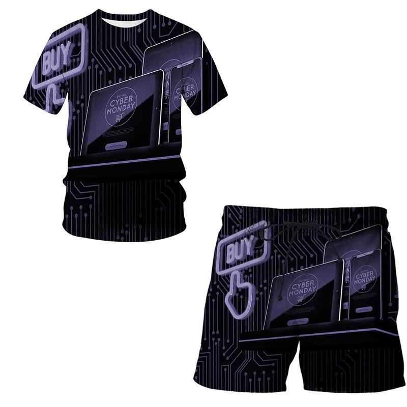3D-Druck übergroßes modisches T-Shirt-Shorts-Set Harajuku Freizeit reifer Kurzarmanzug Mobile Technologie Zweiteiliges Set