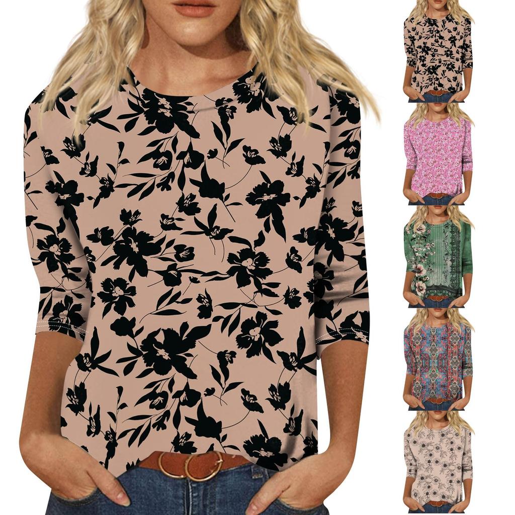 Women's Casual Round Neck Three Quarter Sleeve Floral Print Top Lightweight Soft Fabric Comfortable Fit