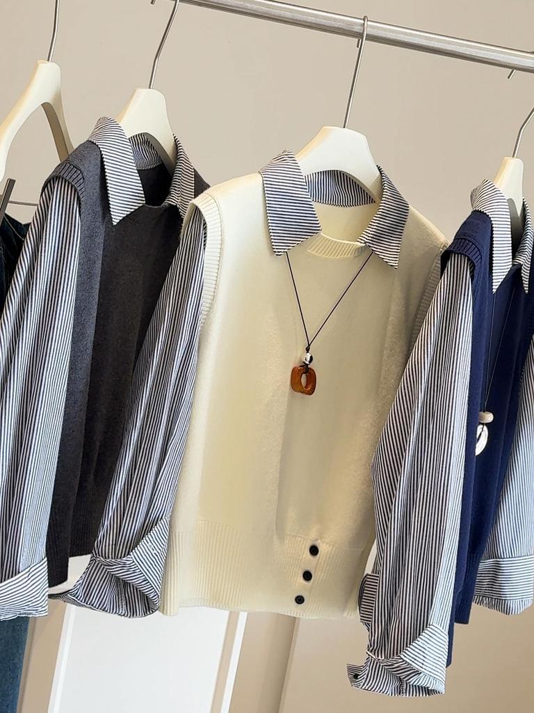 2025 Úzký pruhovaný úpletový top s dlouhým rukávem – Dámský dvoudílný top omlazující vzhled