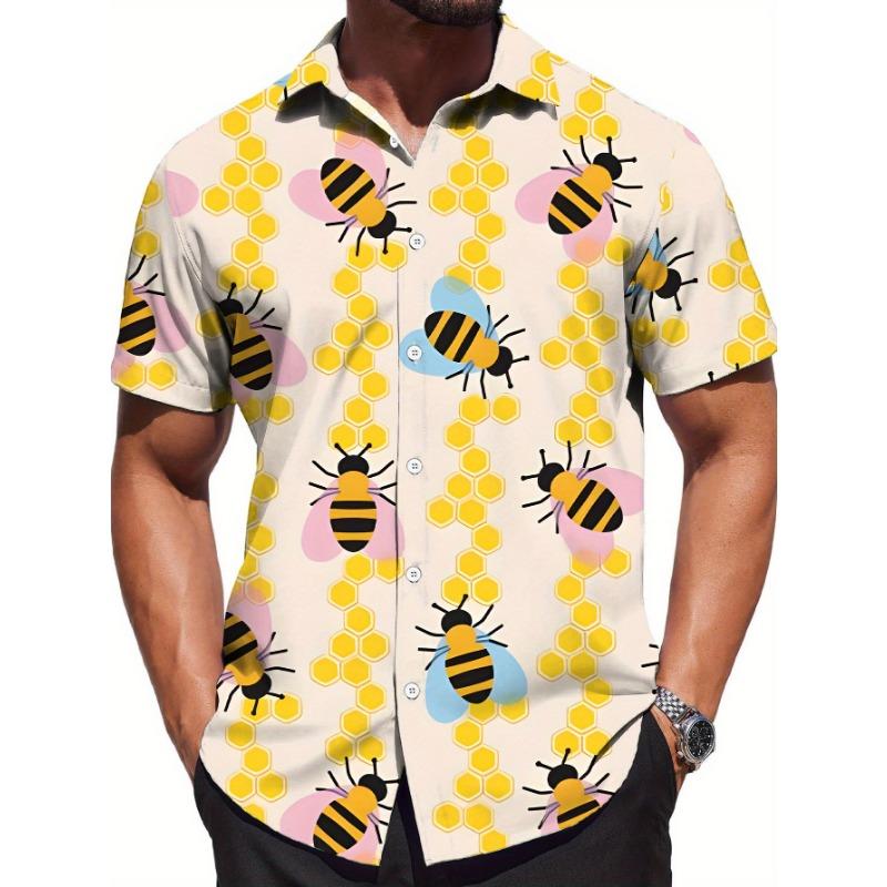 Retro Hawaiian Bee Print Shirt for Men Vacation Casual Short Sleeve Funny Shirts Streetwear Fashion Honey Insect Bee Blouse