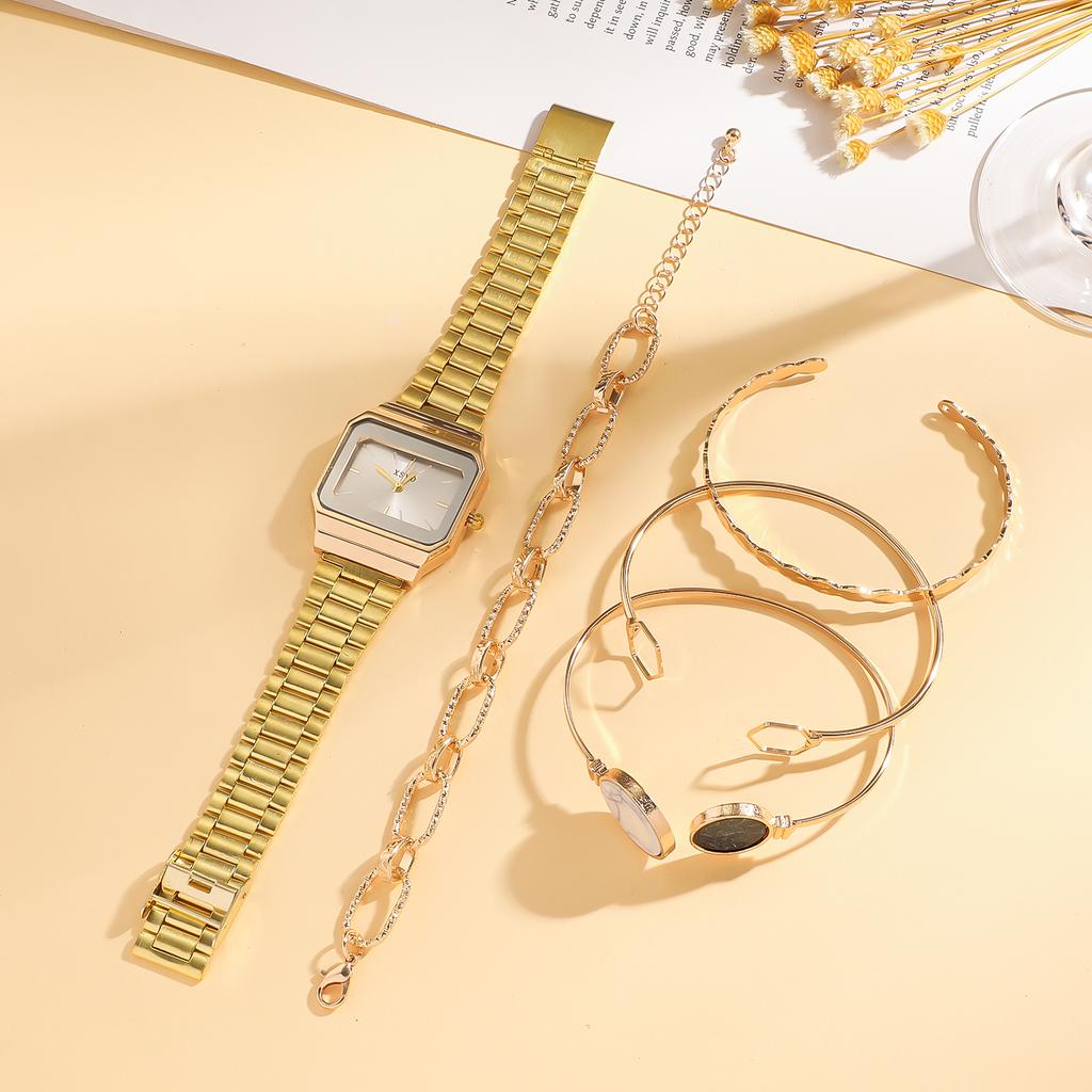 5-piece Set of Minimalist Commuting Quartz Watch Strap and Mother of Pearl Bracelet with Square Large Dial Without Gift Box