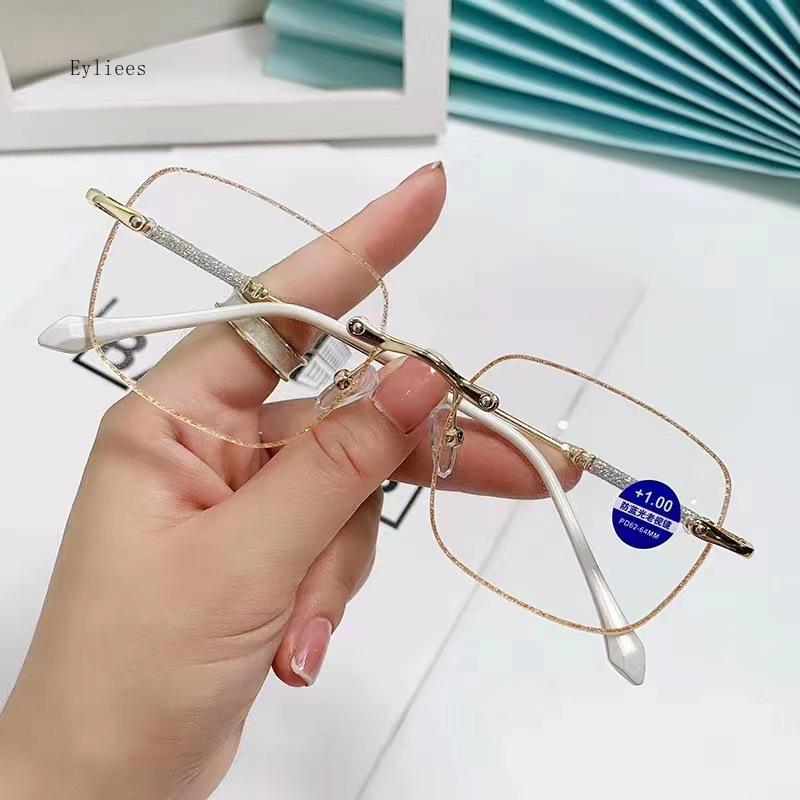 Fashion Anti-Blue Light Reading Glasses Glitter Square Metal Frame Presbyopic Glasses Men Women HD Glasses +1.0 To +4.0 Óculos