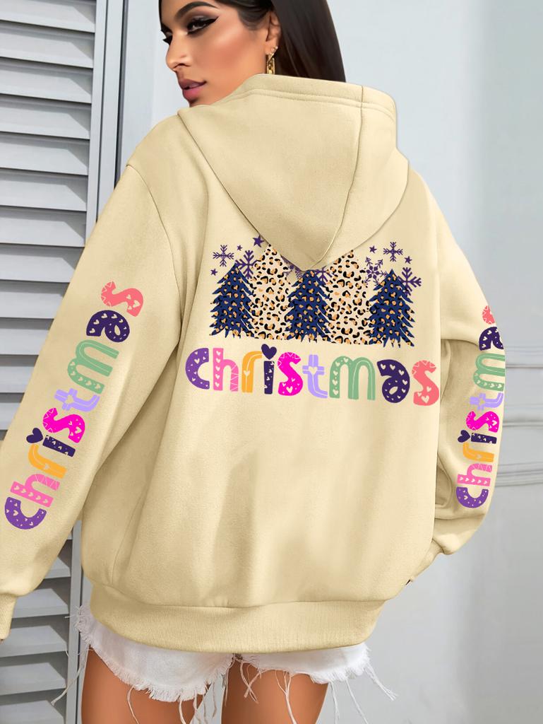 Merry Christmas Leopard Trees Printing Hoodie Women Hip Hop All-Match Streetwear Casual Loose Hoodies Fleece Autumn Woman Hoody
