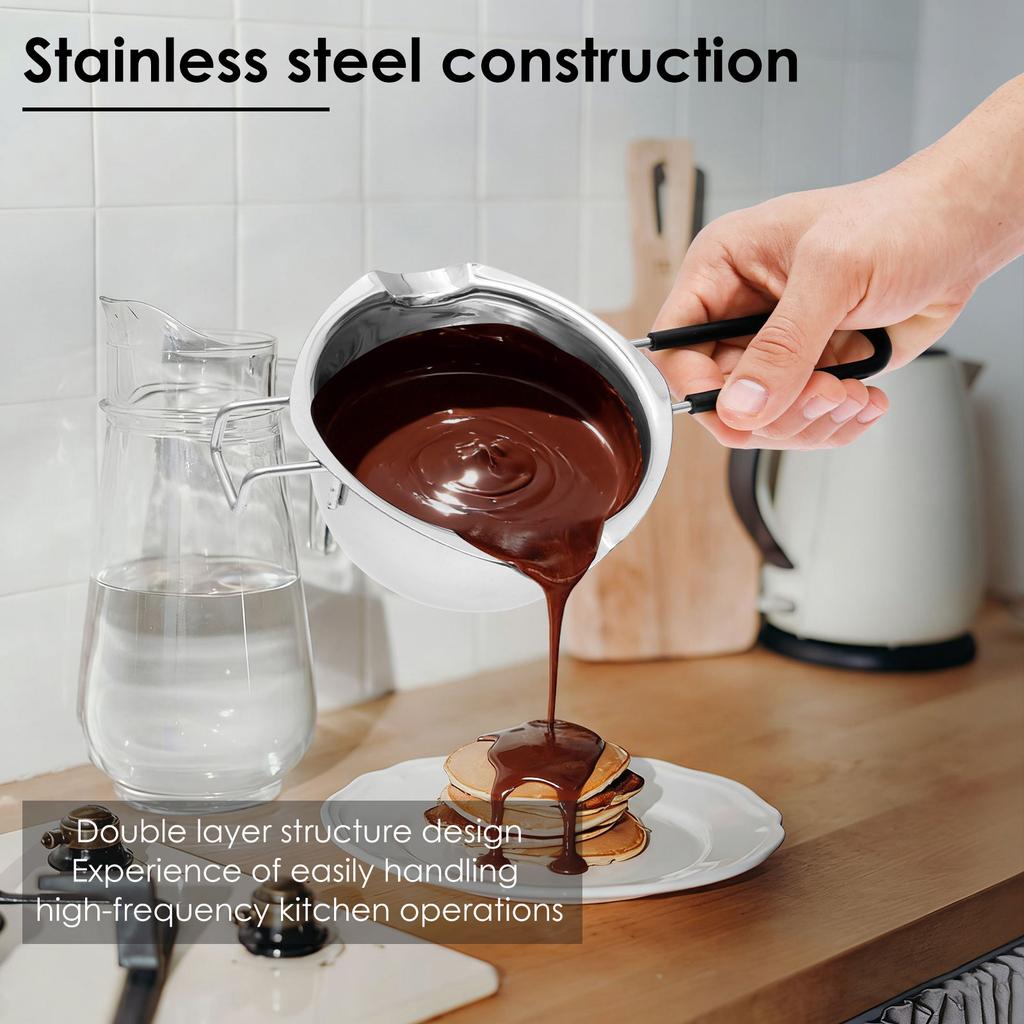 2Pcs Double Boiler Pot Set 480ml Chocolate Melting Pot Stainless Steel Cheese Butter Melting Pots with Silicone Spatula for Home