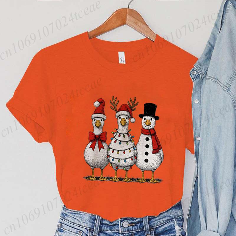 Vintage Christmas Goose Print Women's T-Shirts Clothing Crew Neck T-Shirt, Short Sleeve Casual Top Santa Goose Women's Clothing