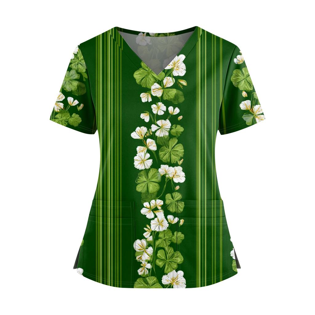 Frauen St. St. Patrick's Day Druck V-Ausschnitt Doppeltasche Kurzarm Uniform Oberteil mit geschlitztem Saum