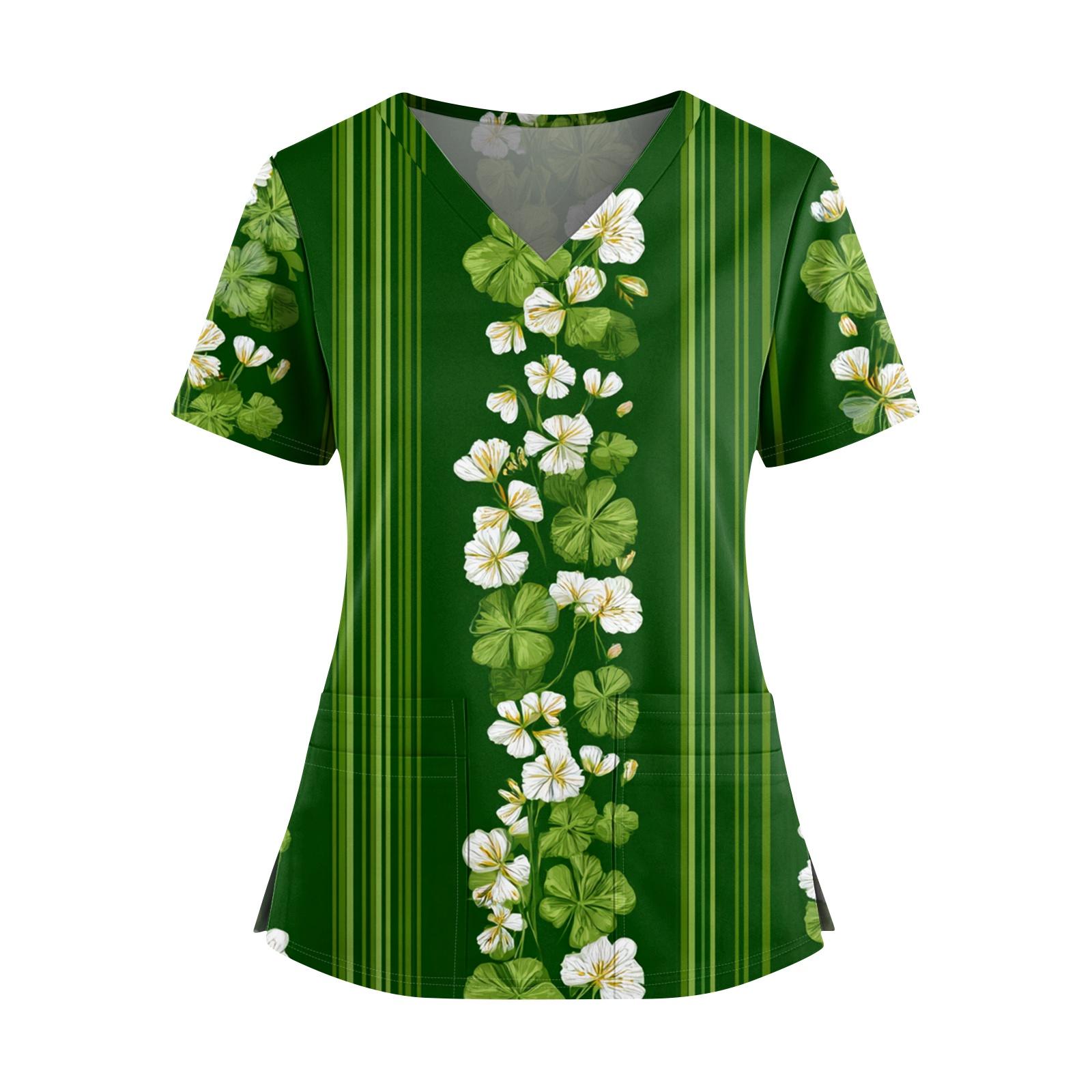 

Women s St. Patrick s Day Print V-Neck Double Pocket Short Sleeve Uniform Top With Slit Hem L