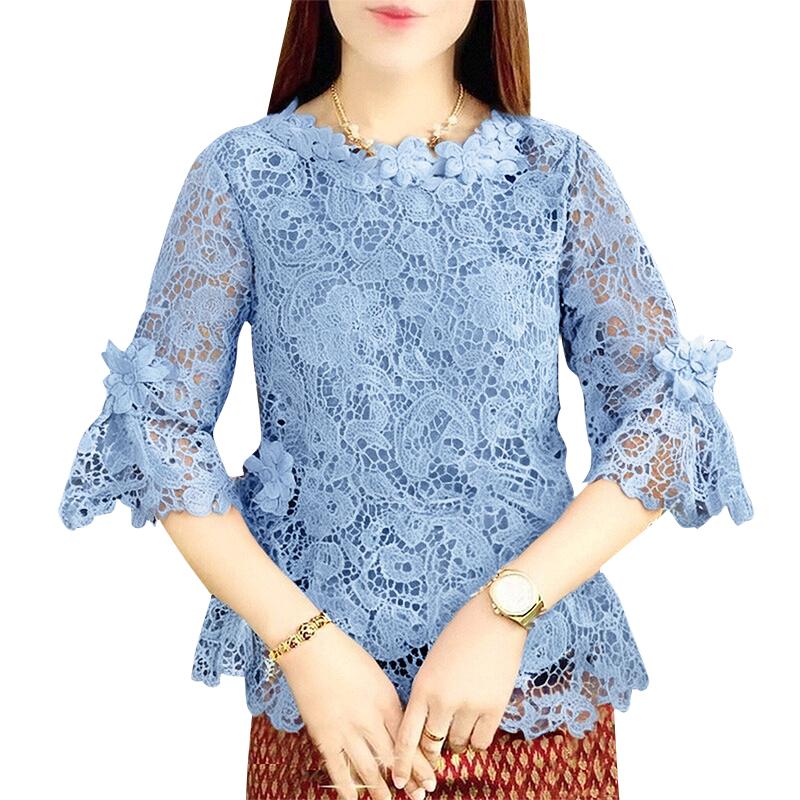

ZANZEA Женская повседневная блузка с круглым вырезом и рукавами 3/4, кружевная вставка 5XL синий