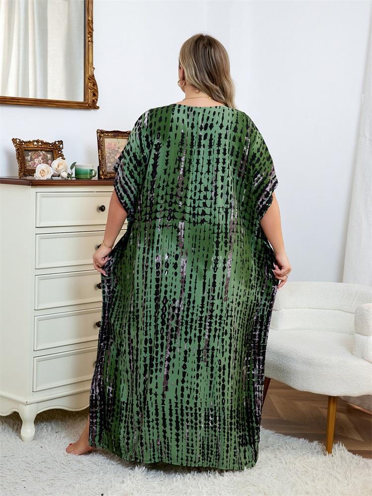 EDOLYNSA 2024 Casual V Neck Green Dark Stripe Tie-Dye Grande Taille Kaftan Femmes Été Boho Imprimé Robe De Plage Maillot De Bain Cover Up Q1218