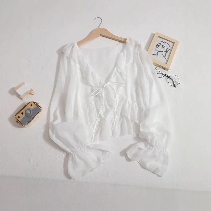 Summer new little fairy ruffle edge knitted cardigan strapped horn sleeves translucent sunscreen clothes long sleeves women