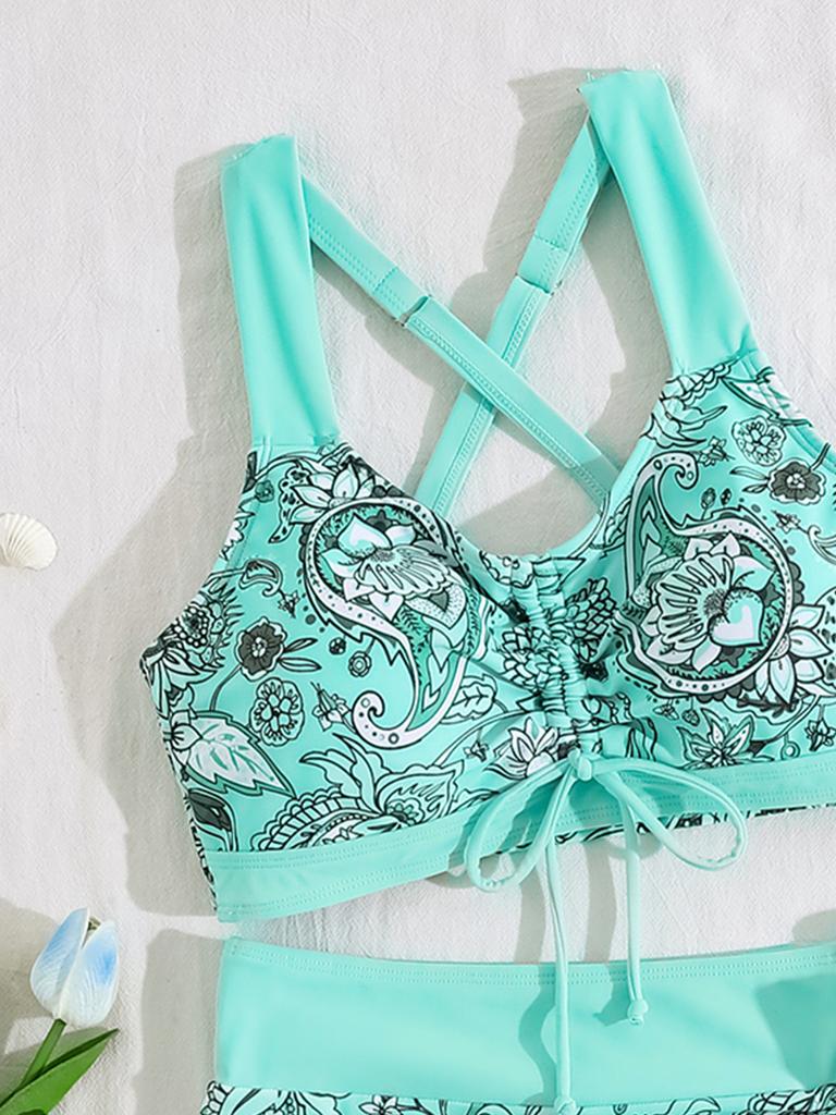 Bikini Due Pezzi Stampa Coulisse Vita Alta Taglie Forti Set Tre Pezzi Elegante