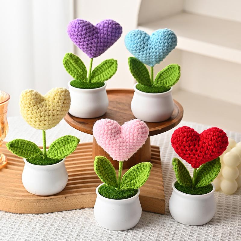 Crochet Flowers Cute Little Heart Potted Artificial Flowers Home Decoration For Living Room Bedroom Desktop Decor Birthday Gifts