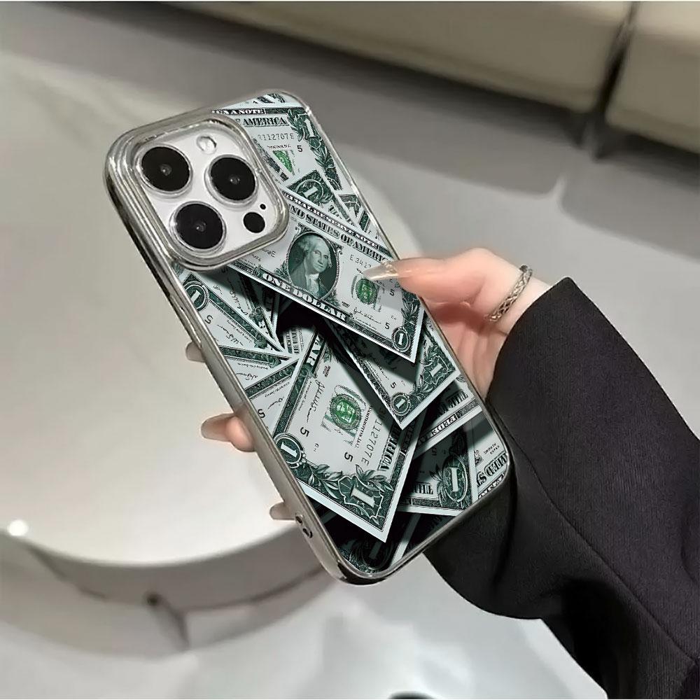 Money Pattern Electroplated Frame Clear Phone Case For iPhone 17 Pro Max 16 15 14 13 12 11 Pro 16 Plus 17 Air Shockproof Cover