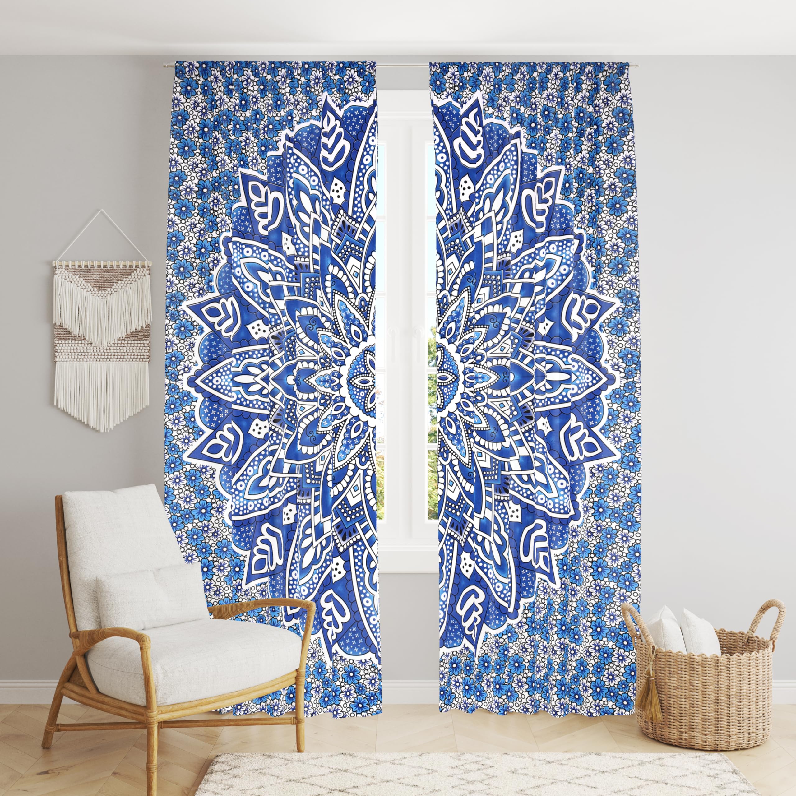 

Bless International Beautiful Indian Bohemian Psychedelic Hippie Ombre Window Curtain Panels for Bedroom, Living, Balcony (Blue Passion Flower) 83 L x 38 W