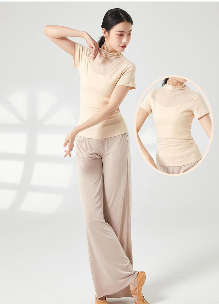 Yuoku Short Sleeve Ballet Dance Mesh Sheer High Neck Practice Classical Ballroom Elegant Dance Costume Women's Top, Collar, T-Shirt, Blouse,