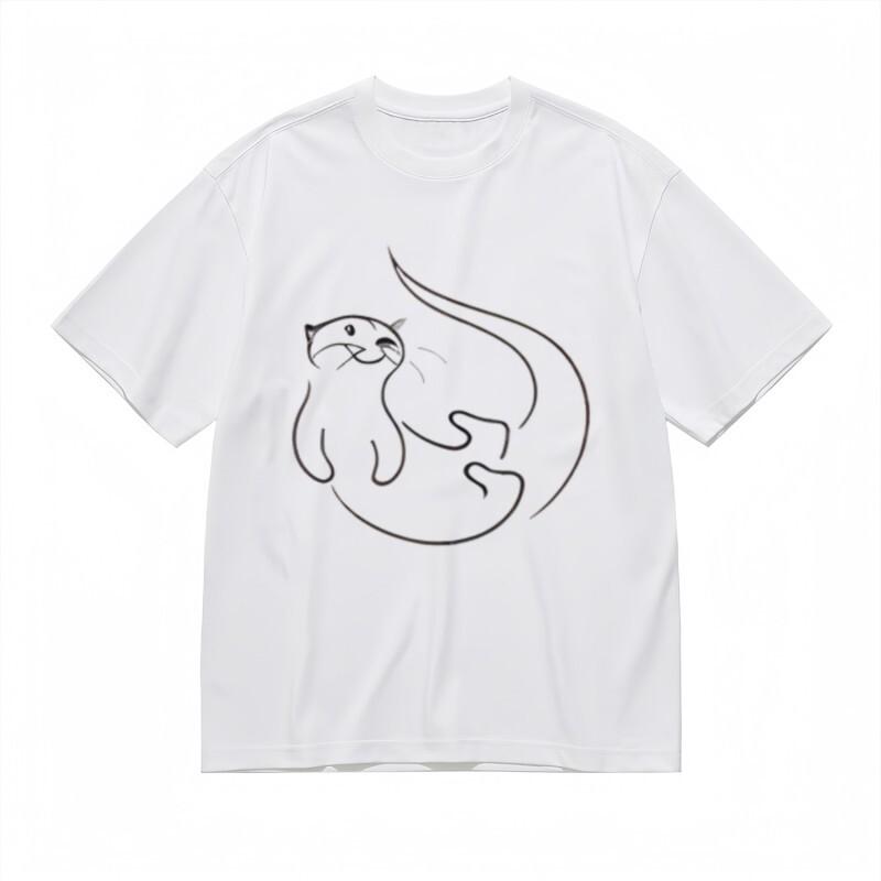 

Women s Breathable Classic T-Shirt Curled Cat Silhouette Line Art Design Tee S