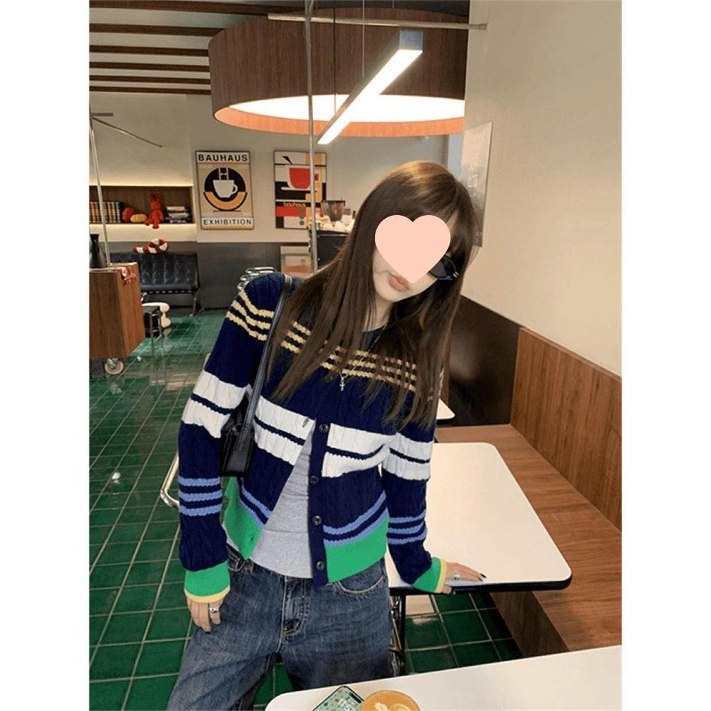 Korean Style Retro Striped Cardigan Sweater - Color Block Spring Jacket 2025