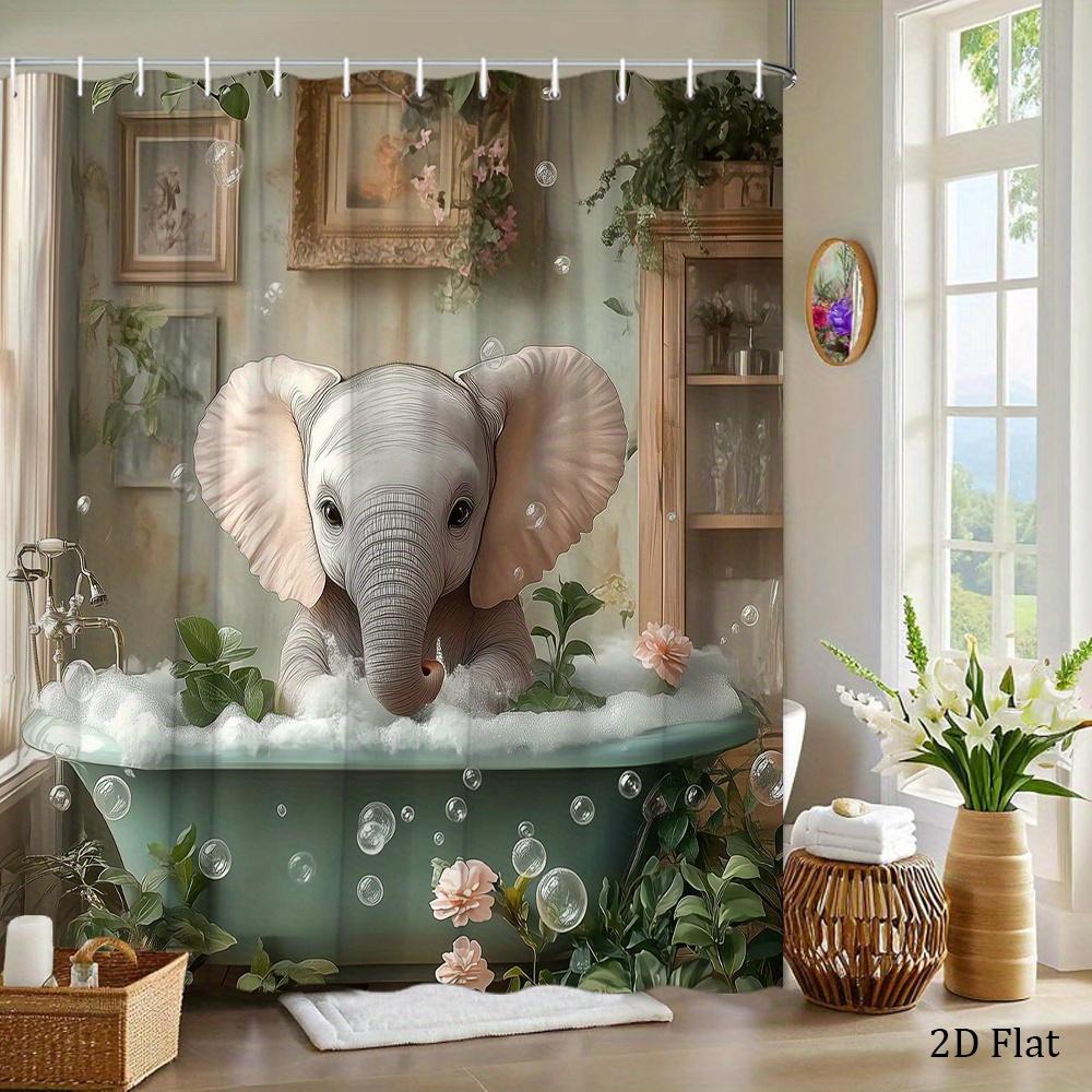 1pc Elephant Shower Curtain, Cartoon Animals Plants Home Bookshelf Cute Foam Sitting Elephant in Tub Watercolor Floral Suitable
