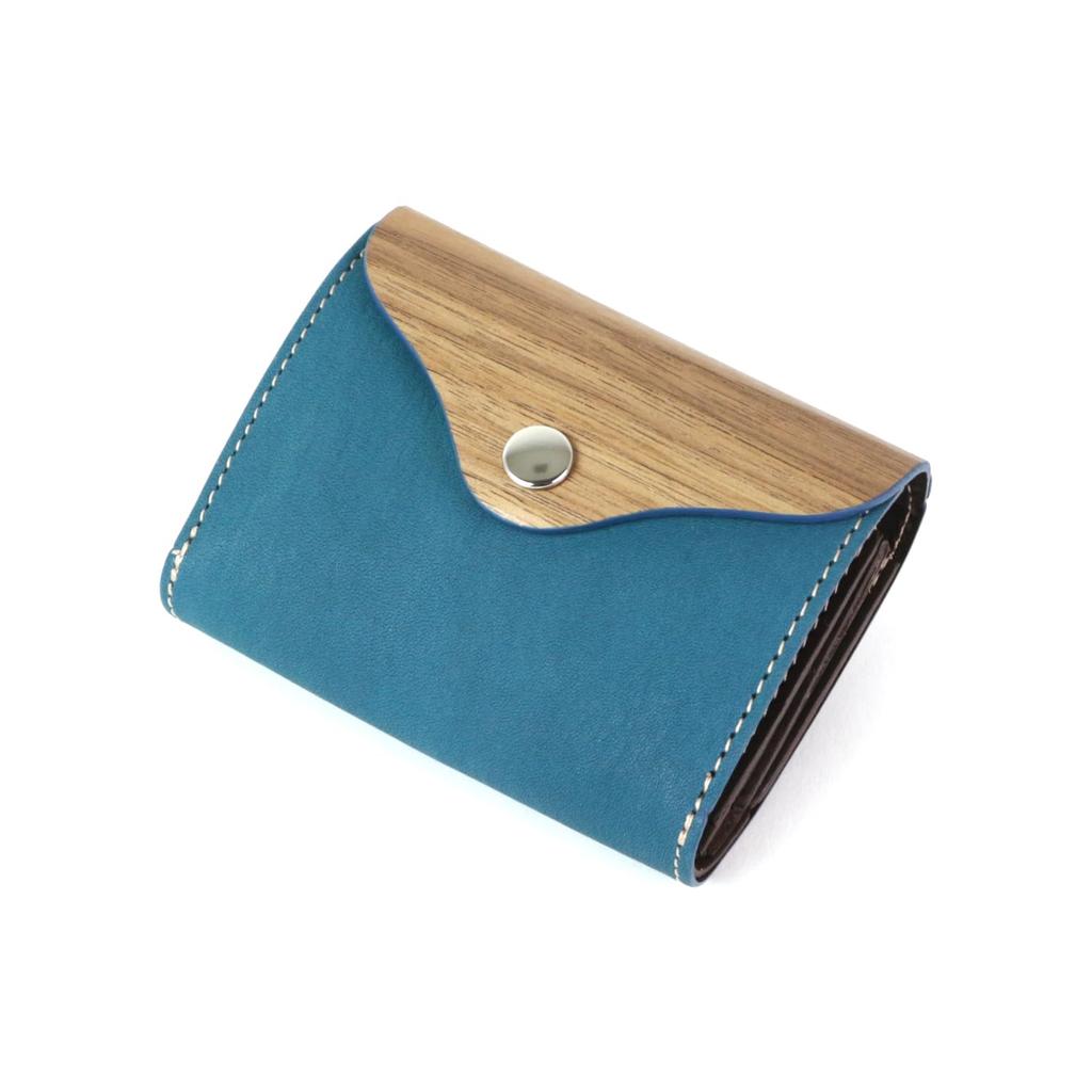 VARCO REAL WOOD Palm Wallet, Compact Mini, Men's and Women's, Genuine Leather, Natural Wood, Made in Japan (Blue)