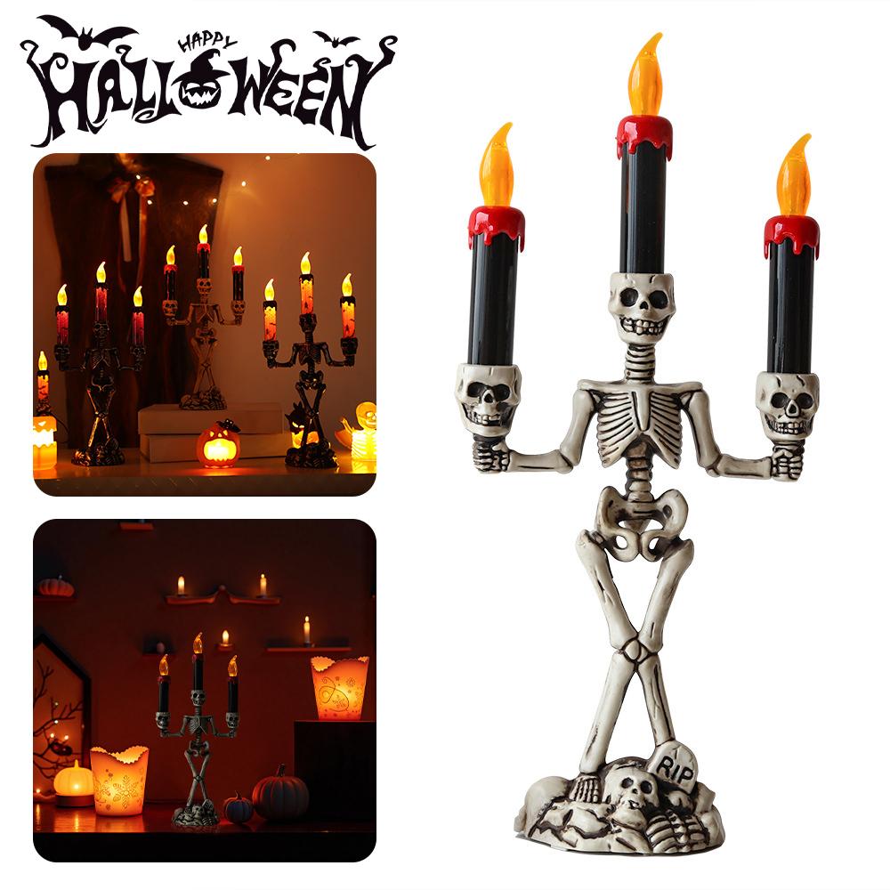 Halloween Decor Candles Battery Operated LED Skull Flickering Candles Spooky Halloween Candlesticks Light Home Decoration For