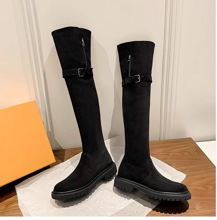 Eversion mocka lammull plattbottnade riddarstövlar 2025 höst och vinter nya förtjockade mångsidiga sammet snö knästövlar dam