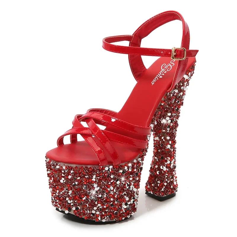 Fashion Women Sandals Sequin Rhinestone Peep Toe Sandals Woman Shoes High Heels Sexy Nightclub Party Platform Heels Size 43 Womens Shoes