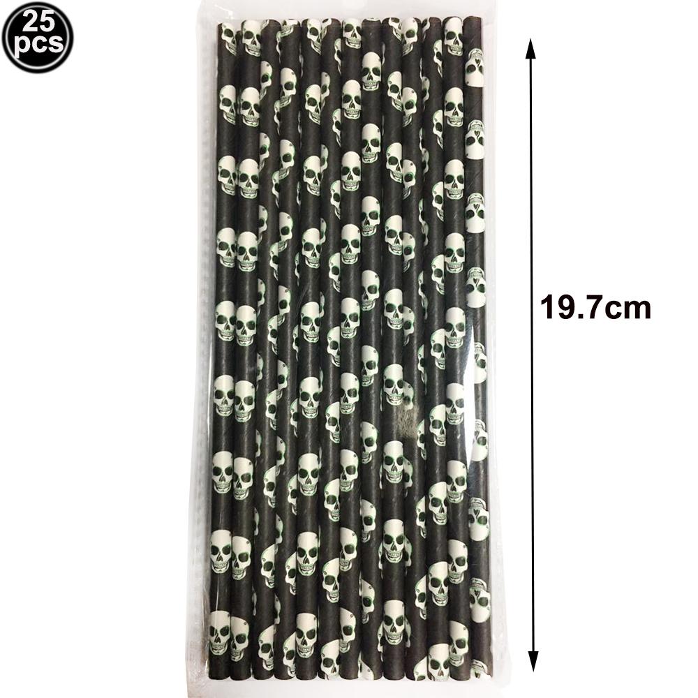 25pcs Halloween Theme Disposable Paper Straws Spider Skull Pumpkin Bat Pattern Happy Halloween Party Decor Supplies